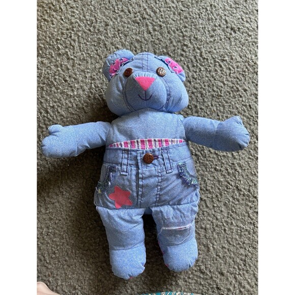 Doodle Bear 16” stuffed bear Tyco denim blue pink accent star Brown Button 1994 - Picture 1 of 5
